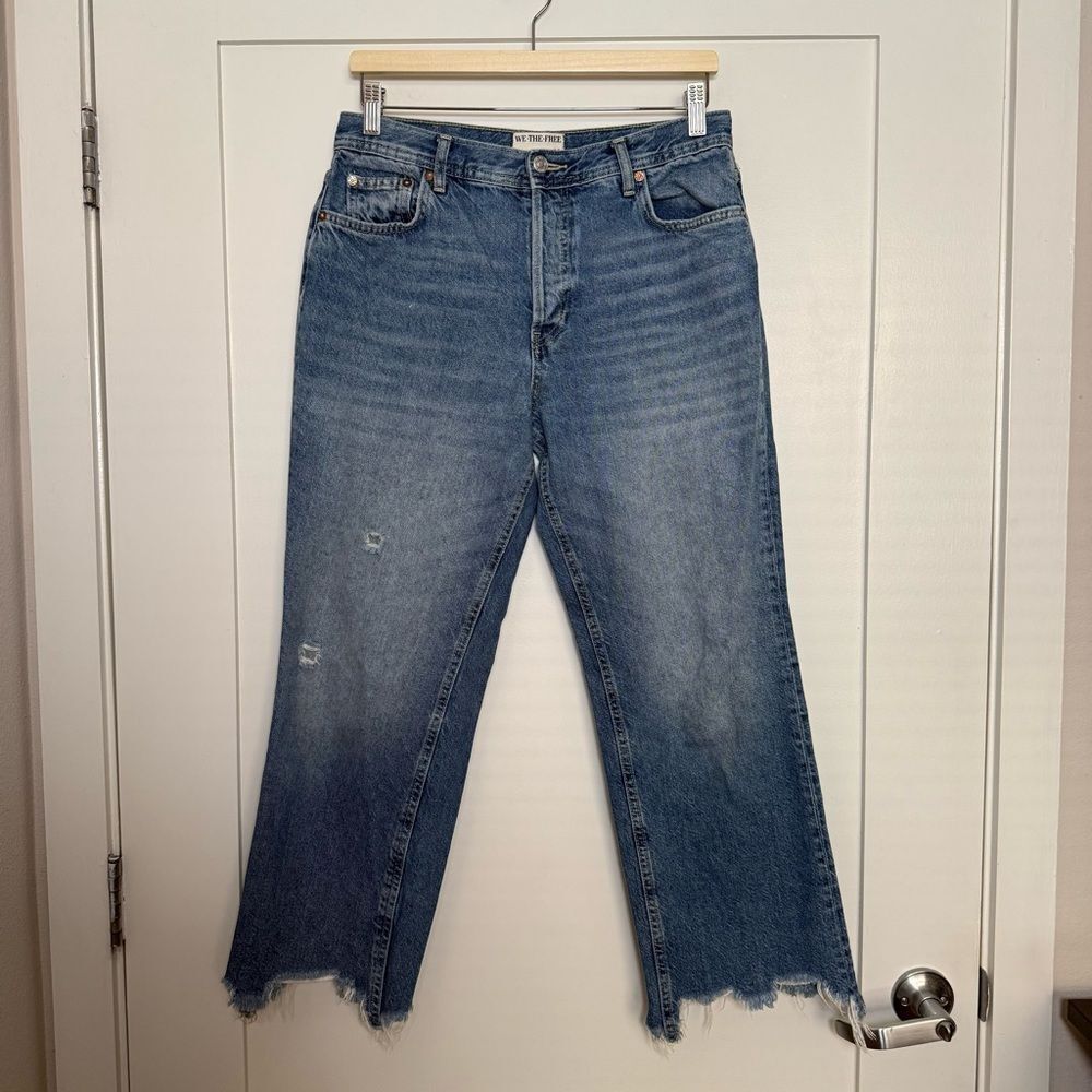 We The Free Distressed Blue Raw-Hem Cropped Wide-Leg Jeans